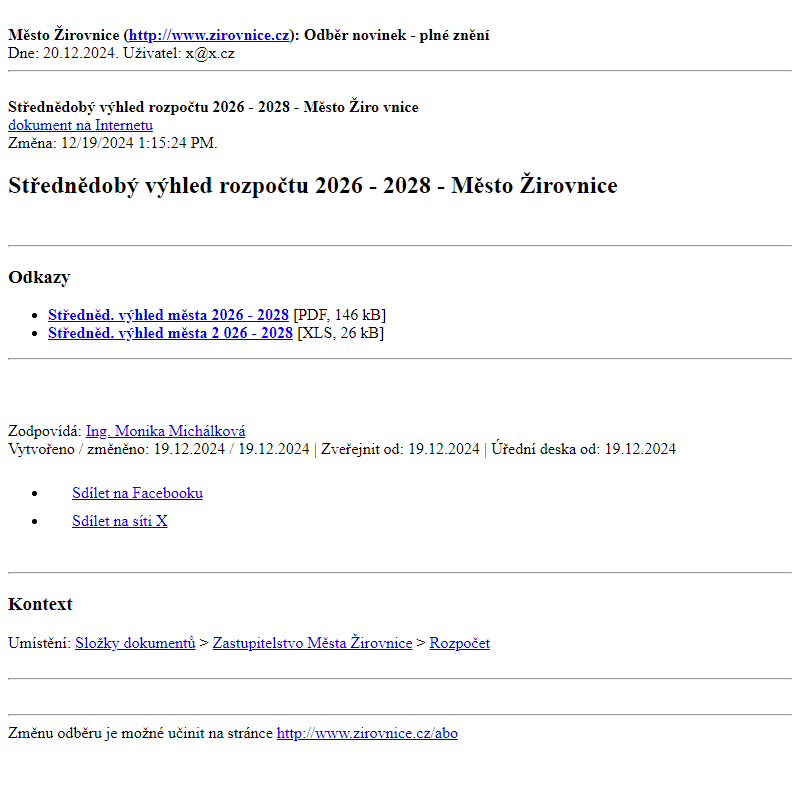Odběr novinek ze dne 20.12.2024 - dokument Střednědobý výhled rozpočtu 2026 - 2028 - Město Žirovnice