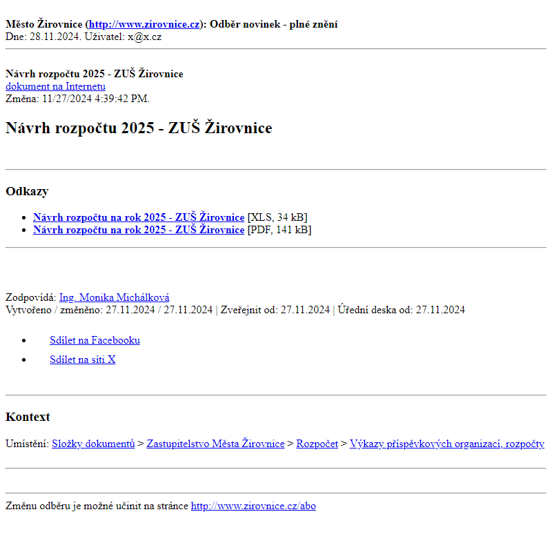 Odběr novinek ze dne 28.11.2024 - dokument Návrh rozpočtu 2025 - ZUŠ Žirovnice