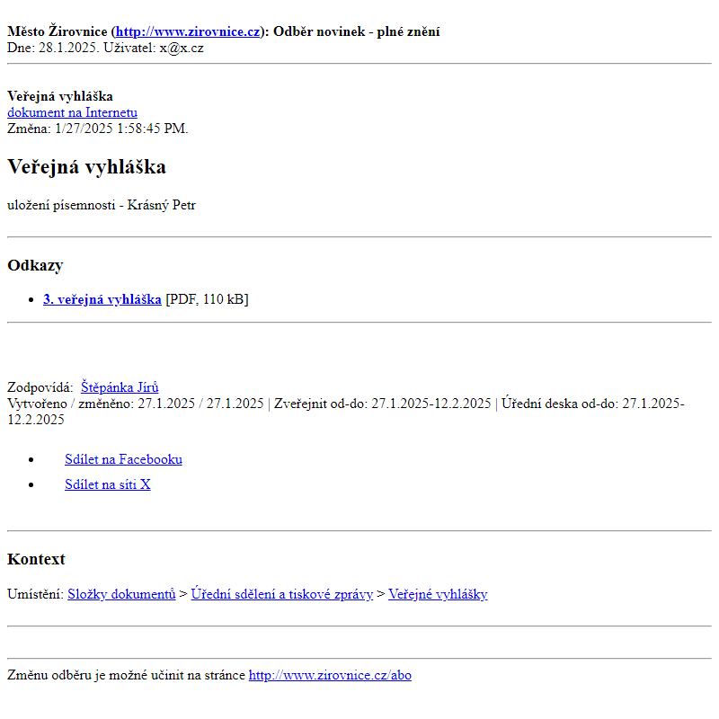 Odběr novinek ze dne 28.1.2025 - dokument Veřejná vyhláška
