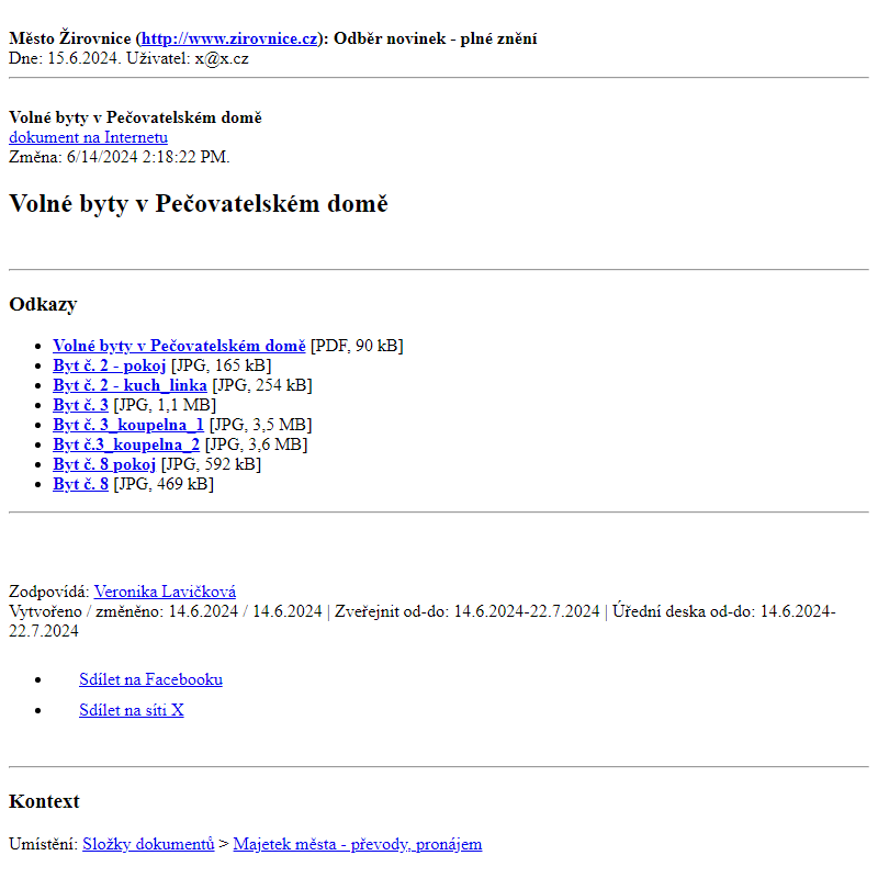 Odběr novinek ze dne 15.6.2024 - dokument Volné byty v Pečovatelském domě