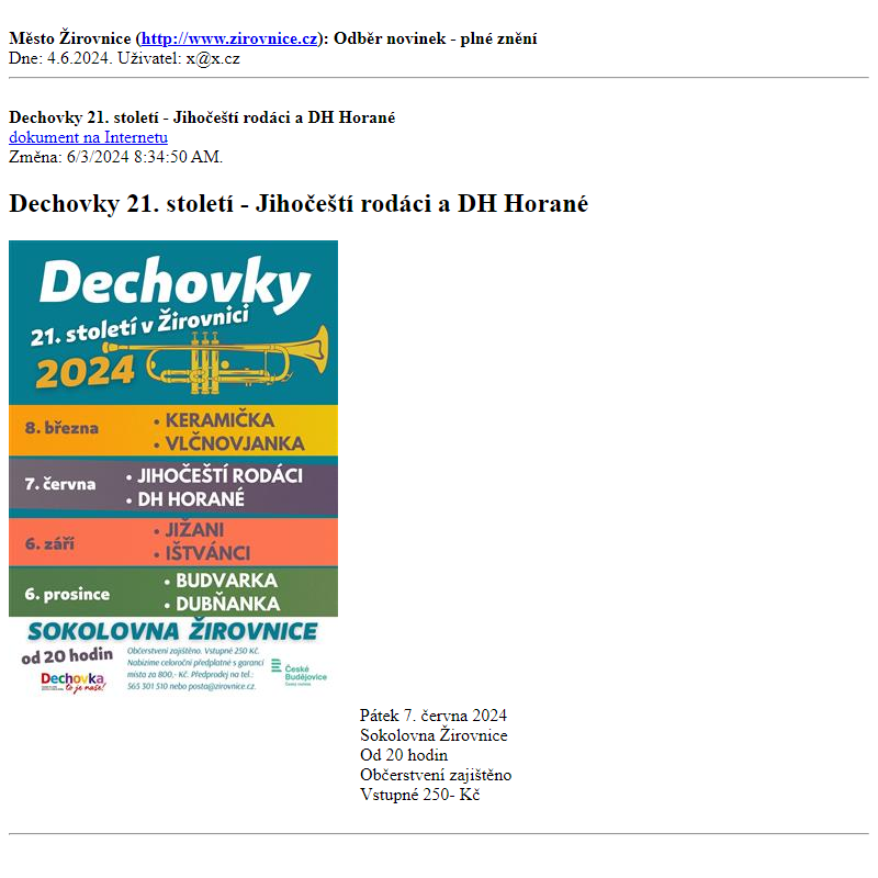 Odběr novinek ze dne 4.6.2024 - dokument Dechovky 21. století - Jihočeští rodáci a DH Horané