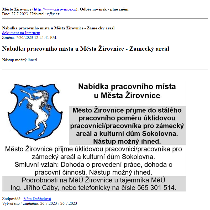 Odběr novinek ze dne 27.7.2023 - dokument Nabídka pracovního místa u Města Žirovnice - Zámecký areál