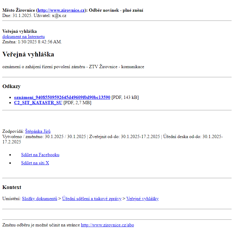 Odběr novinek ze dne 31.1.2025 - dokument Veřejná vyhláška