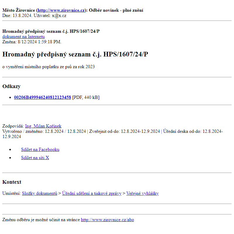 Odběr novinek ze dne 13.8.2024 - dokument Hromadný předpisný seznam č.j. HPS/1607/24/P