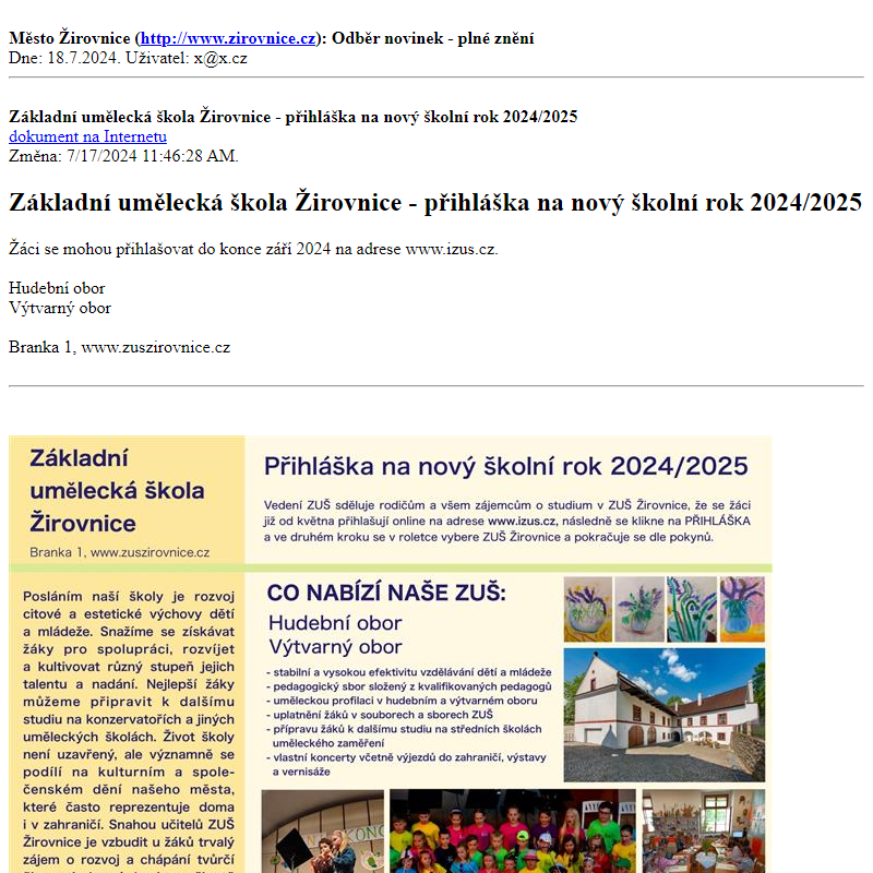 Odběr novinek ze dne 18.7.2024 - dokument Základní umělecká škola Žirovnice - přihláška na nový školní rok 2024/2025