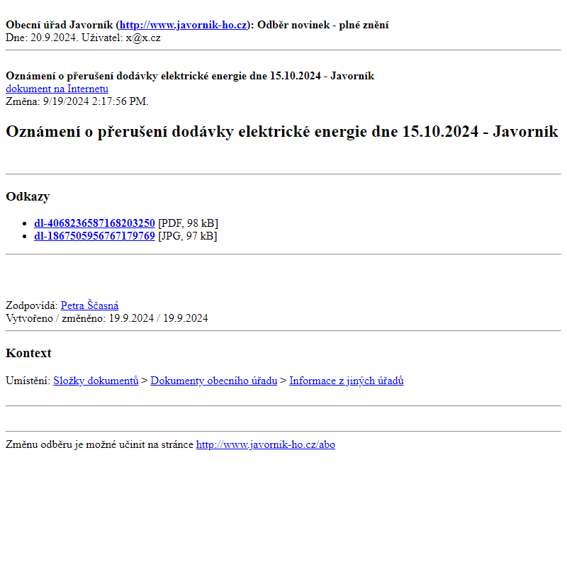 Odběr novinek ze dne 20.9.2024 - dokument Oznámení o přerušení dodávky elektrické energie dne 15.10.2024 - Javorník