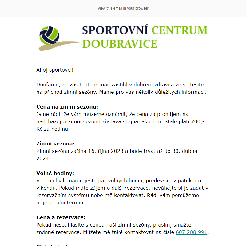 Zimní sezóna (hala) 2023/2024 Sportovního centra Doubravice