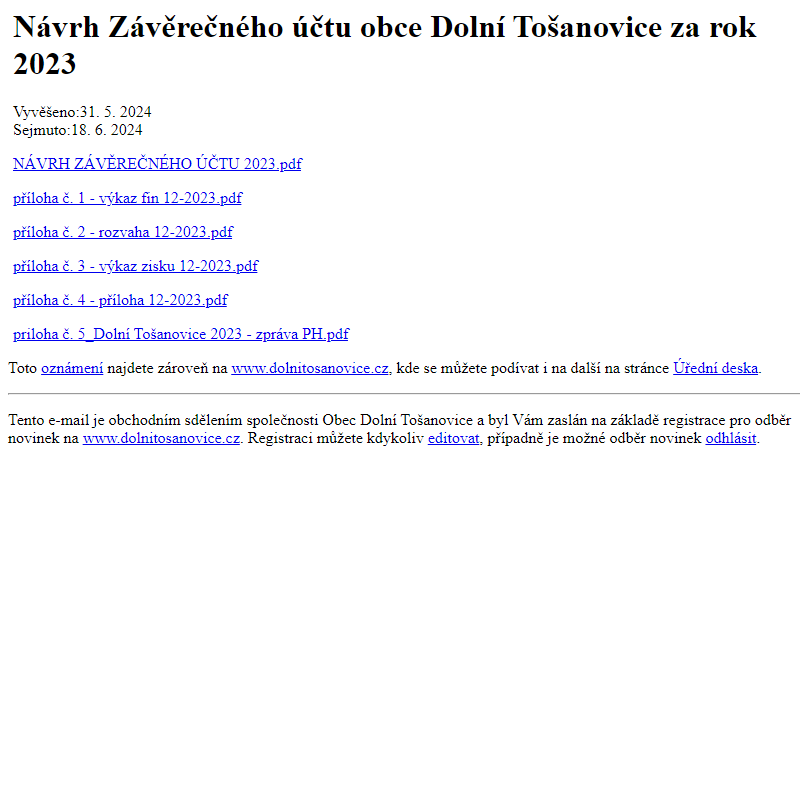 Na úřední desku www.dolnitosanovice.cz bylo přidáno oznámení Návrh Závěrečného účtu obce Dolní Tošanovice za rok 2023
