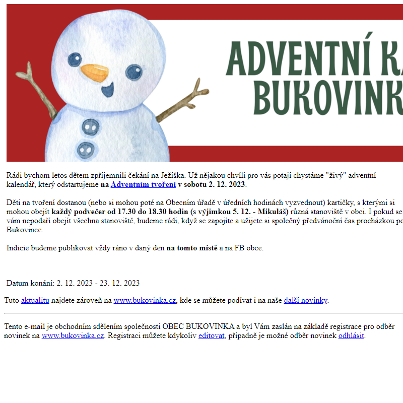 Adventní kalendář Bukovinka 2023