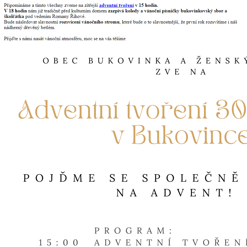 Připomenutí - Adventní tvoření a rozsvěcování vánočního stromu 30.11.2024