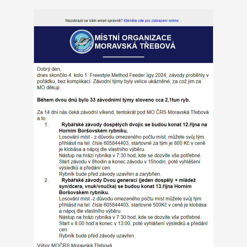 4. kolo 1. Freestyle Method Feeder ligy 2024 a rybářské závody říjen 2024