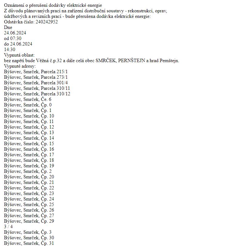 Oznámení o přerušení dodávky elektrické energie 24.6. 2024