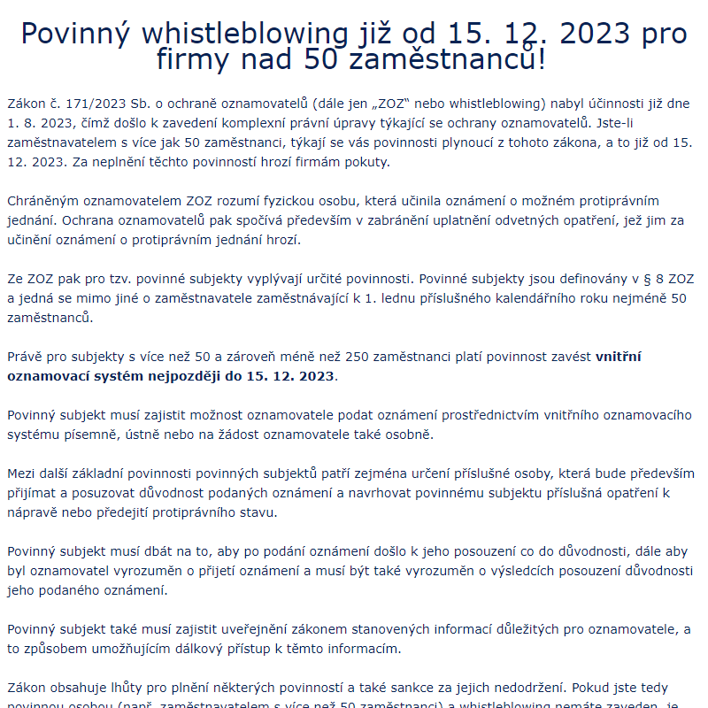 Povinný whistleblowing již od 15. 12. 2023 pro firmy nad 50 zaměstnanců!