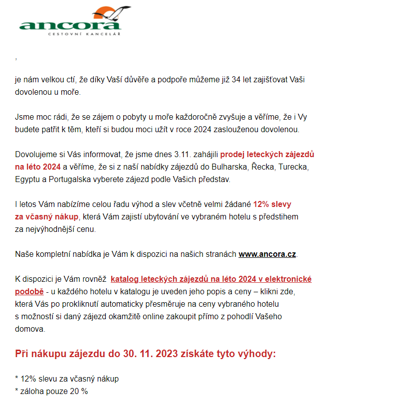 ANCORA - zahájen prodej leteckých zájezdů na rok 2024