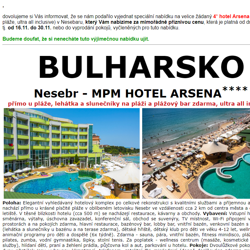 ANCORA - Bulharsko, Nesebr, 4* hotel Arsena, ultra all inclusive - mimořádná nabídka