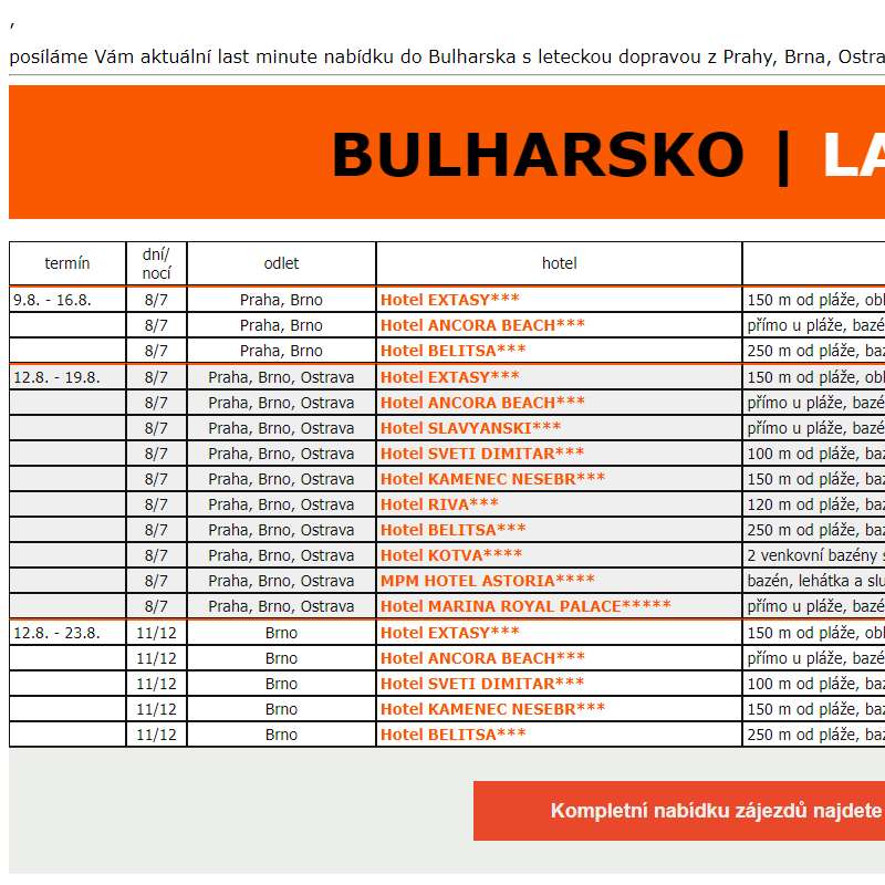 ANCORA - Bulharsko, aktuální nabídka last minute na odlety v srpnu