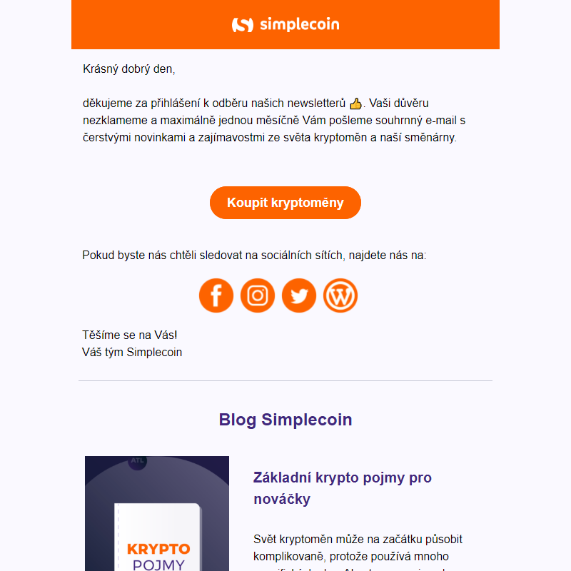 Vítejte v newsletteru směnárny Simplecoin