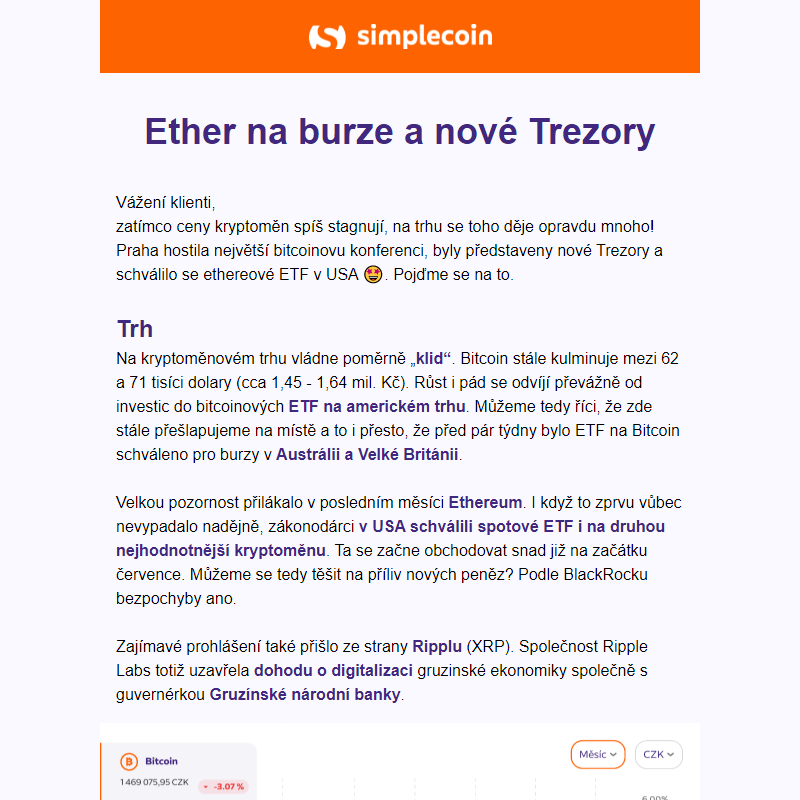 Ethereum na burze, nové Trezory a BTC Prague