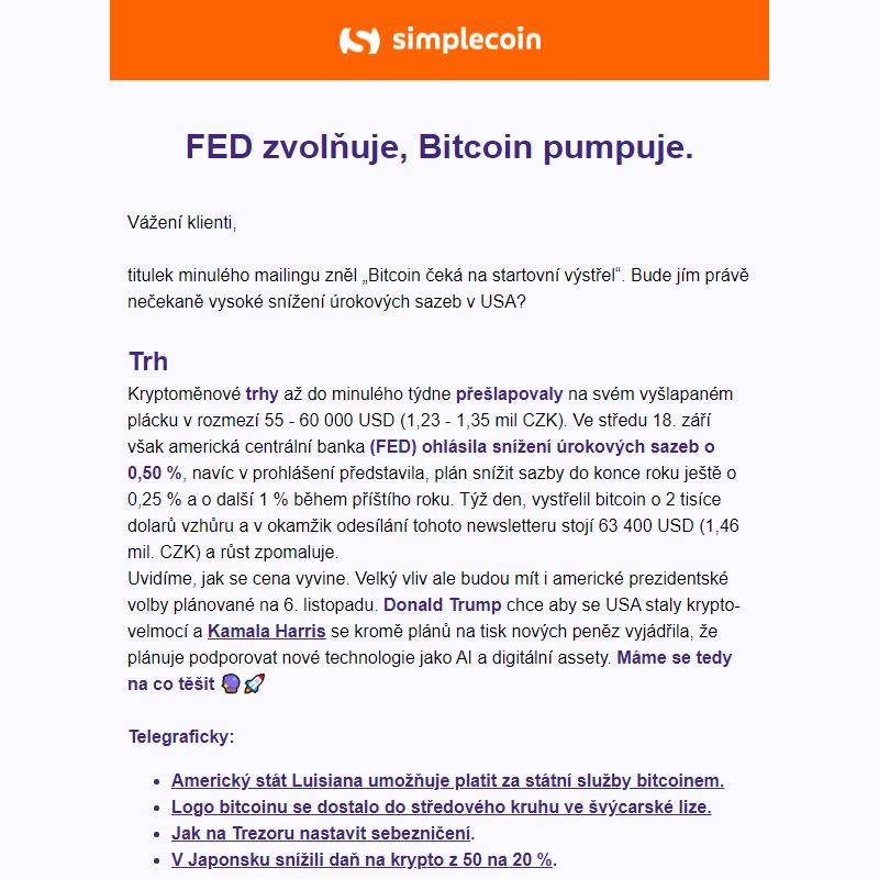 FED zvolňuje, Bitcoin pumpuje.