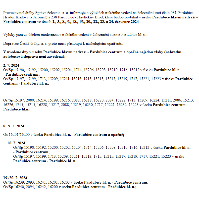 Výluky na železniční trati v úseku Pardubice hl.nádraží - Pardubice centrum