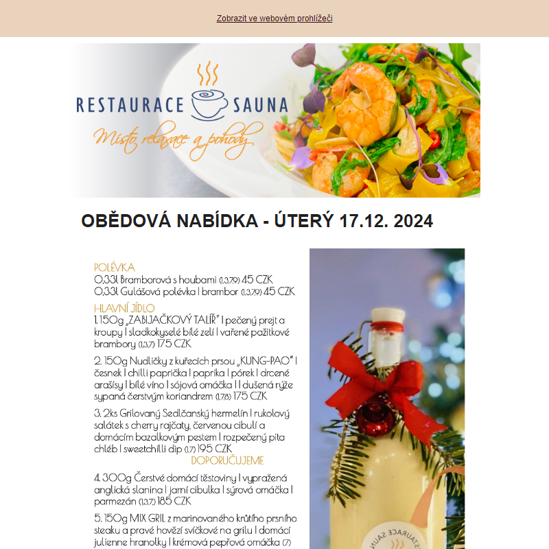 OBĚDOVÁ NABÍDKA - ÚTERÝ 17.12. 2024