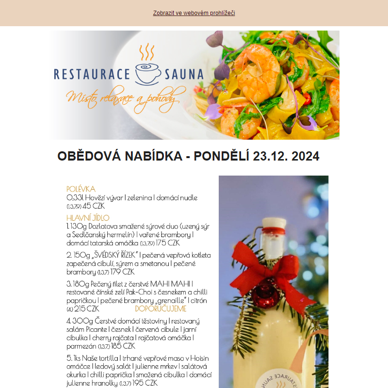 OBĚDOVÁ NABÍDKA - PONDĚLÍ 23.12. 2024