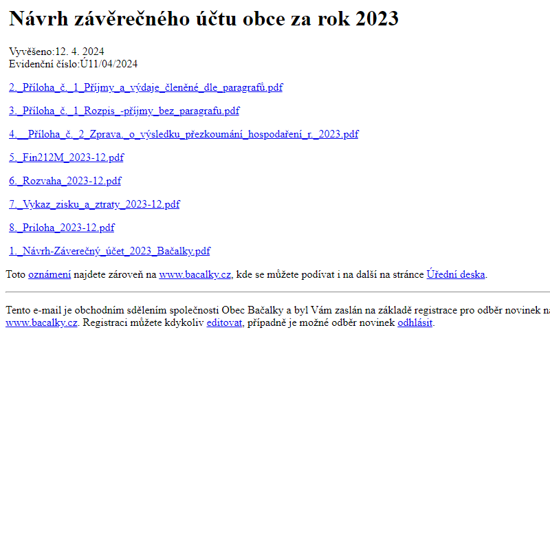 Na úřední desku www.bacalky.cz bylo přidáno oznámení Návrh závěrečného účtu obce za rok 2023