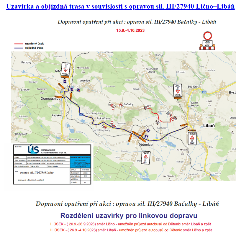 Uzavírka a objízdná trasa v souvislosti s opravou sil. III/27940 Lično–Libáň