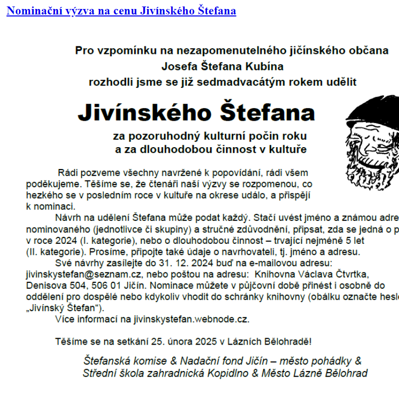 Nominační výzva na cenu Jivínského Štefana