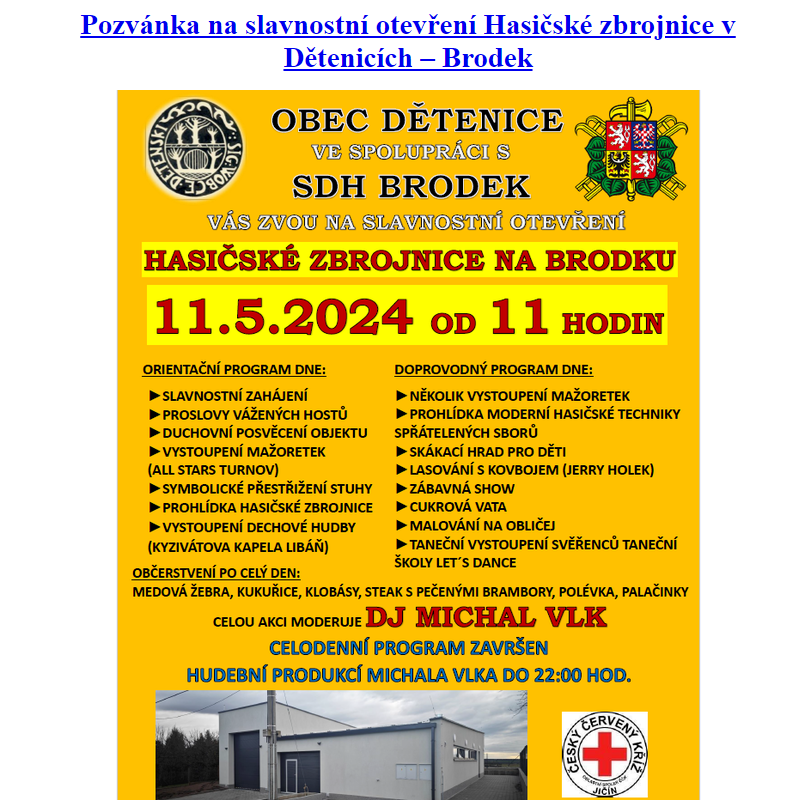 Pozvánka na slavnostní otevření Hasičské zbrojnice v Dětenicích - Brodek