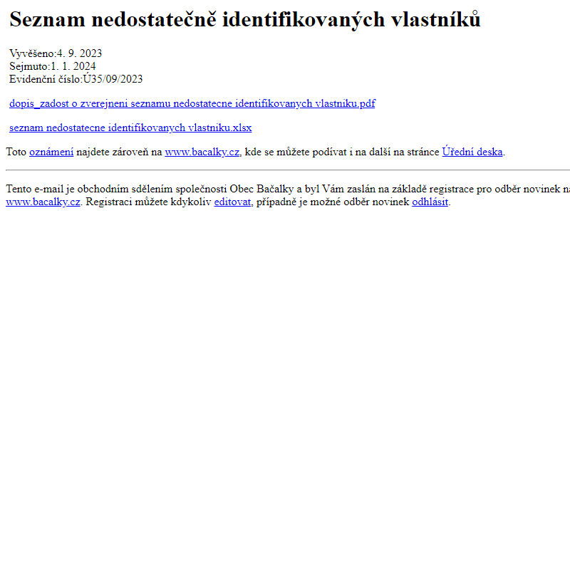 Na úřední desku www.bacalky.cz bylo přidáno oznámení Seznam nedostatečně identifikovaných vlastníků