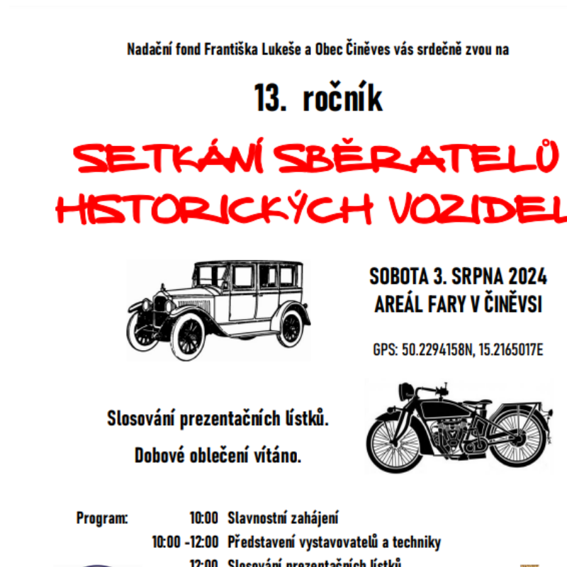 POZVÁNKA NA SETKÁNÍ SBĚRATELŮ HISTORICKÝCH VOZIDEL