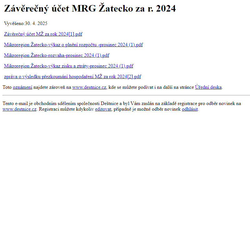 Na úřední desku www.destnice.cz bylo přidáno oznámení Závěrečný účet MRG Žatecko za r. 2024