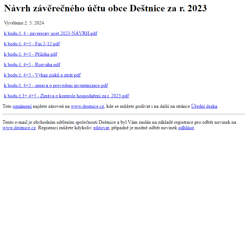 Na úřední desku www.destnice.cz bylo přidáno oznámení Návrh závěrečného účtu obce Deštnice za r. 2023