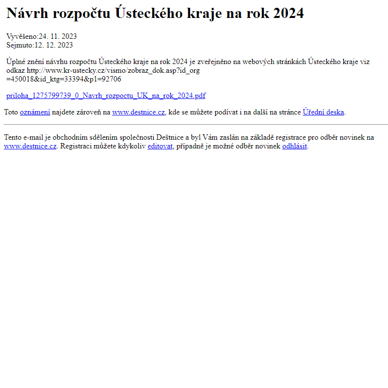 Na úřední desku www.destnice.cz bylo přidáno oznámení Návrh rozpočtu Ústeckého kraje na rok 2024