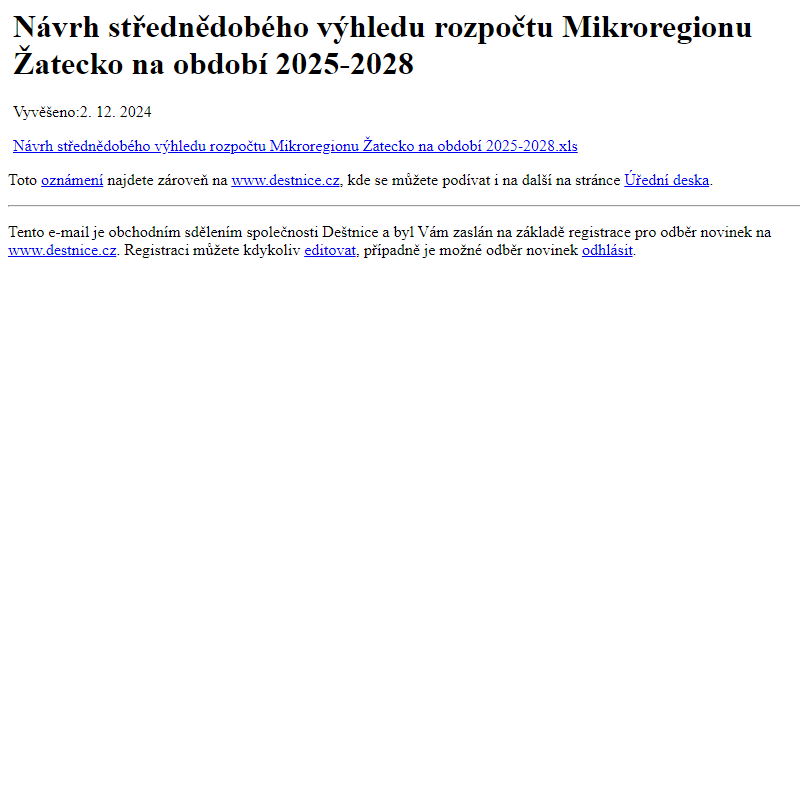 Na úřední desku www.destnice.cz bylo přidáno oznámení Návrh střednědobého výhledu rozpočtu Mikroregionu Žatecko na období 2025-2028