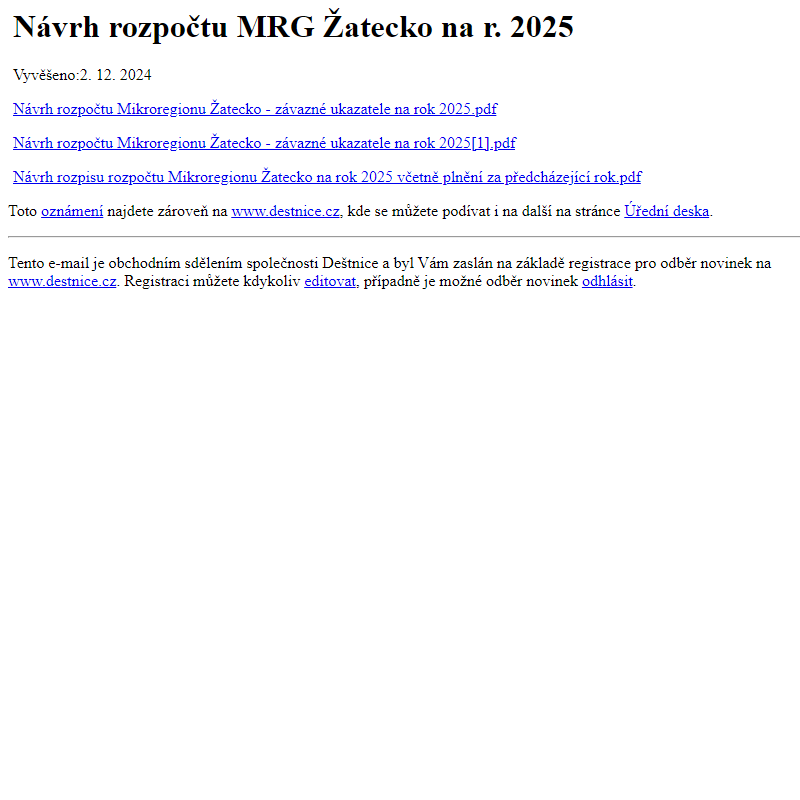 Na úřední desku www.destnice.cz bylo přidáno oznámení Návrh rozpočtu MRG Žatecko na r. 2025