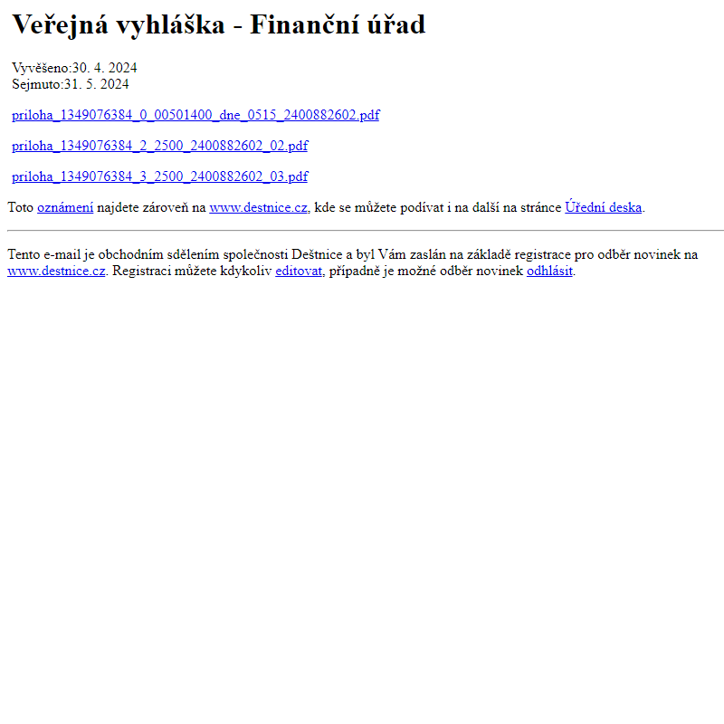Na úřední desku www.destnice.cz bylo přidáno oznámení Veřejná vyhláška - Finanční úřad
