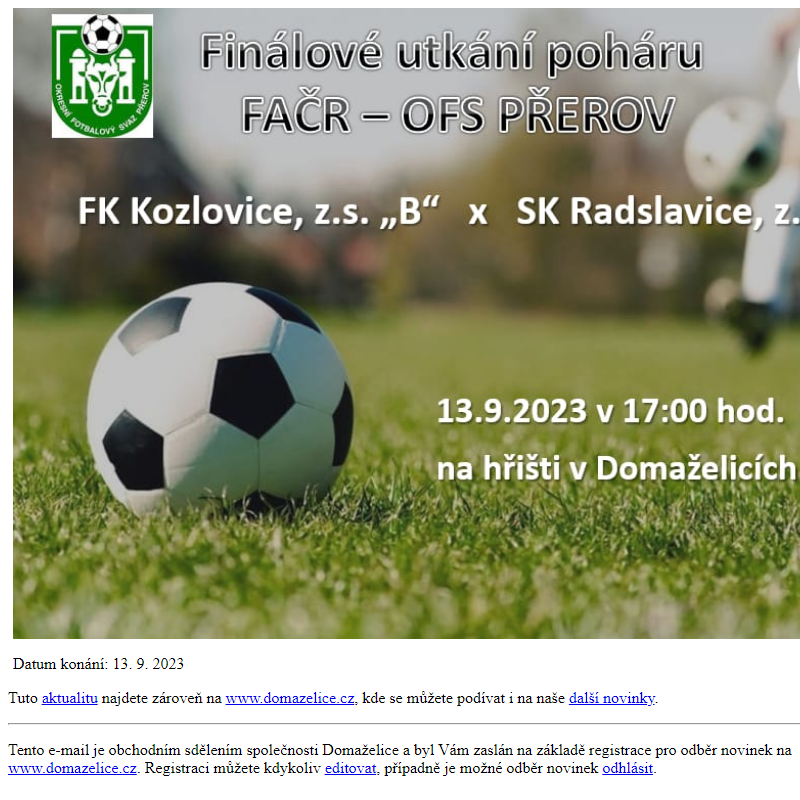 Finálové utkání poháru FAČR - OFS Přerov - hřiště Domaželice, 13.9.2023 od 17:00 hodin