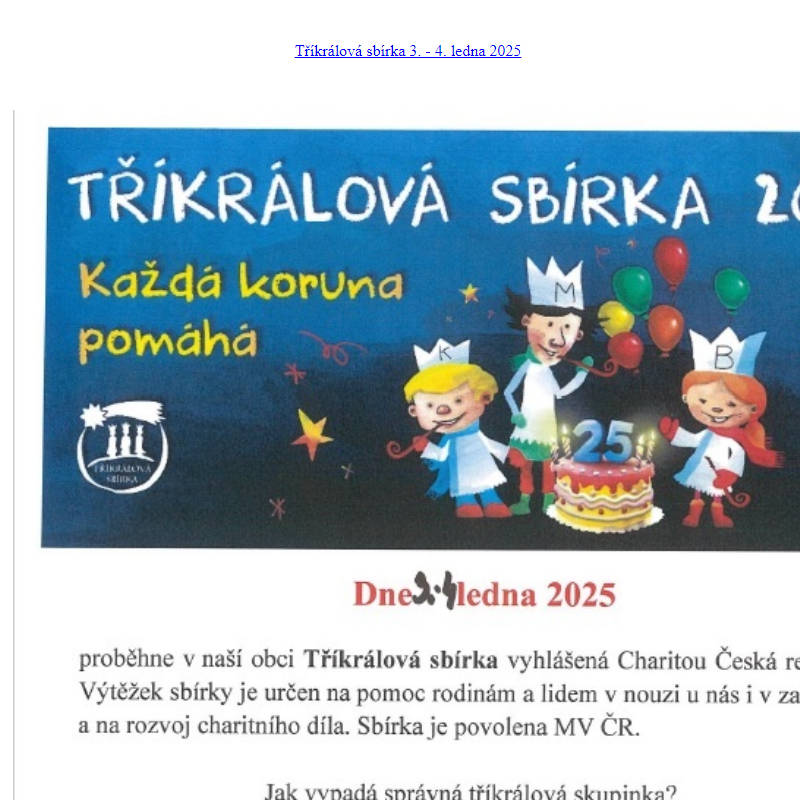 Tříkrálová sbírka proběhne v obci Domaželice ve dnech 3. - 4. ledna 2025