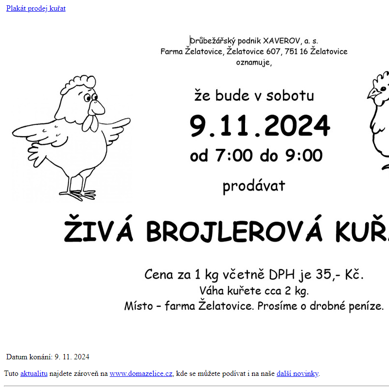 Oznámení občanům o prodeji živých kuřat - Želatovice 9.11.2024