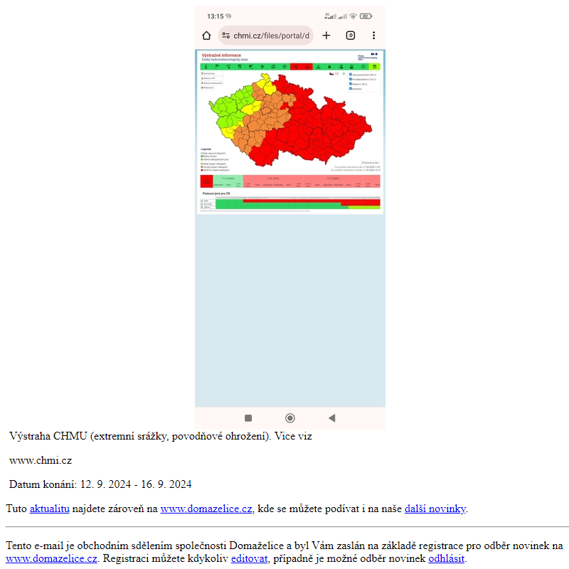 Výstraha CHMU (extrémní srážky, povodňové ohrožení).