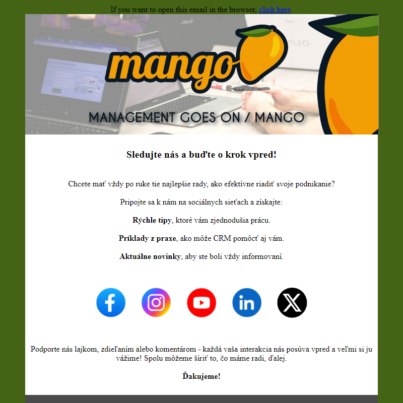 CRM Mango - sledujte nás na sociálnych sieťach!