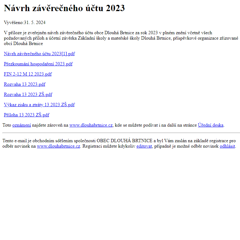 Na úřední desku www.dlouhabrtnice.cz bylo přidáno oznámení Návrh závěrečného účtu 2023