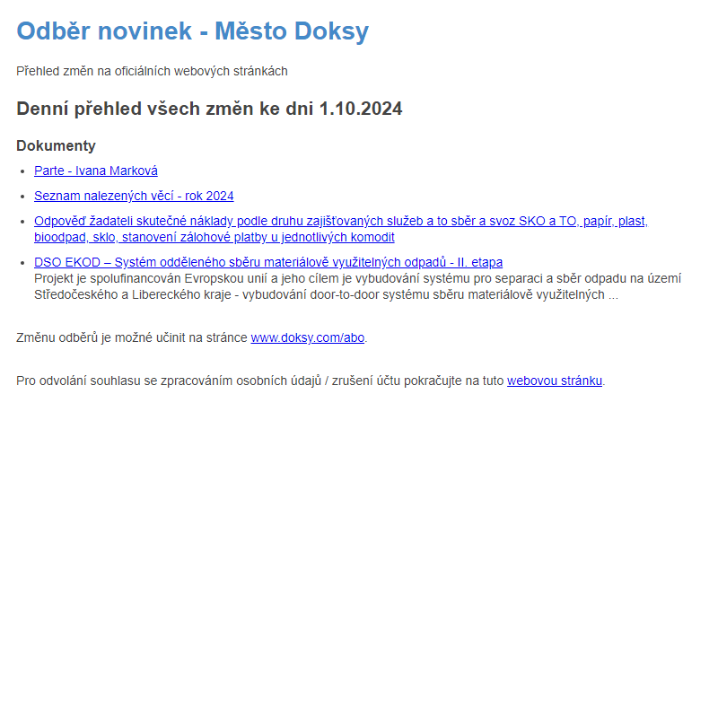 Odběr novinek ze dne 1.10.2024