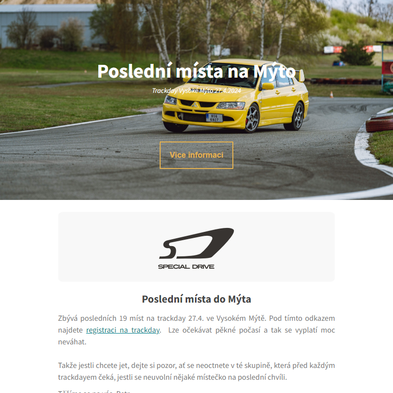 Poslední místa na Trackday 27.4. Vysoké Mýto