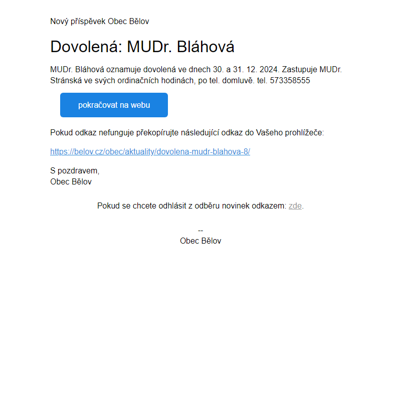 Dovolená: MUDr. Bláhová