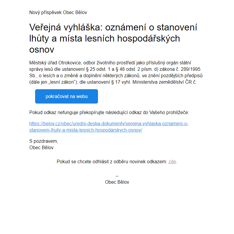 Veřejná vyhláška: oznámení o stanovení lhůty a místa lesních hospodářských osnov