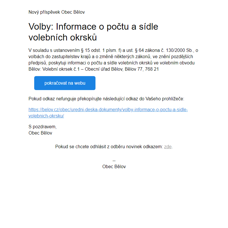 Volby: Informace o počtu a sídle volebních okrsků