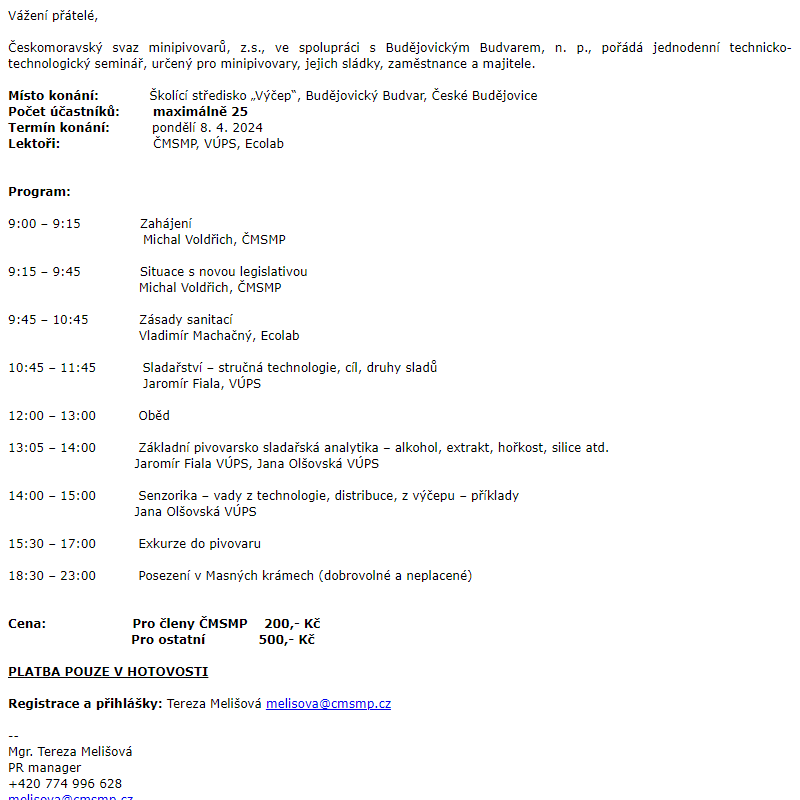 Pozvánka na technicko-technologický seminář v Budějovickém Budvaru